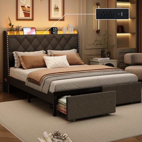 Queen Size Bed Frame with Storage Headboard and 2 Drawers, Upholstered Button Linen Platform Bed frame with Led Lights and Charging Station, No Box Spring Needed, Easy Assembly, Noise Free, Gray