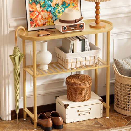 Small Entryway Table Bamboo 30.7", Narrow Hallway Table Oval Top 2-tier, Slim Console Table with Anti-fall Edge, Sofa Side Table 5min Easy Assembly, Small TV Stand for Bedroom, Indoor Plant Stand