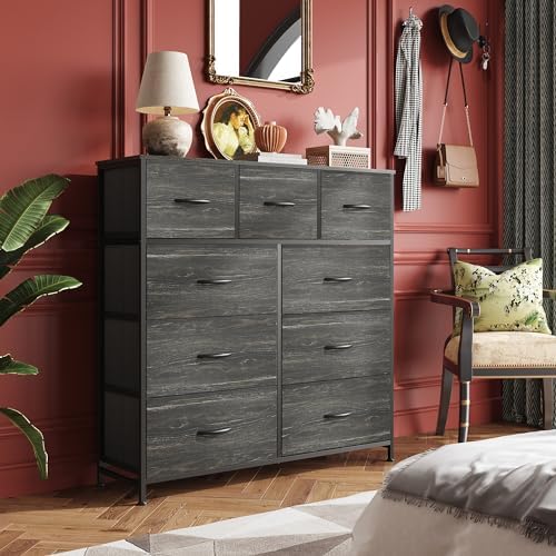 WLIVE Tall Dresser for Bedroom, 9 Drawer Chest of Drawers, Black Wood Grain