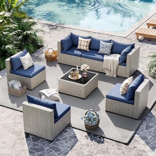 UDPATIO Outdoor Patio Furniture Set 7 Pcs Wicker Sectional Sofa Blue