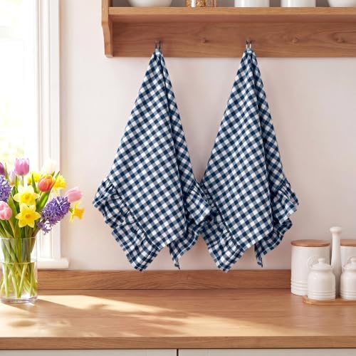 HunnmingRe 2 Pcs Navy Blue Gingham Kitchen Towels Cotton Ruffled