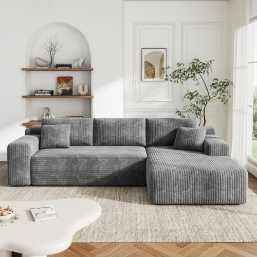 96'' L-Cloud Sectional Boneless Couches for Living Room, Corduroy Fabric Modular Sectional Sofa with Chaise, Cloud-Couch Deep Seat Sofa, No Assembly Required, Gray