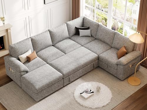 106'' Sleeper Sofa with Pull Out Bed, Modular Sectional Sofa , LightGray