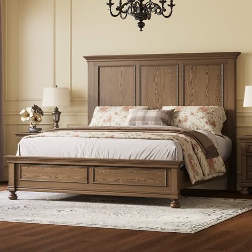 AMERLIFE Solid Wood King Bed Frame with 65.2" High Headboard