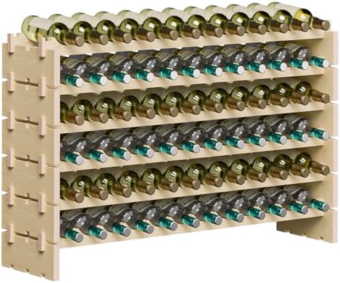 72 Bottles Stackable Modular Wine Rack, 6-Tier 72 Slots Floor Wine Storage Stand Wooden Wine Holder Display Shelves, Wobble-Free, Solid Wood, Floor Free Standing
