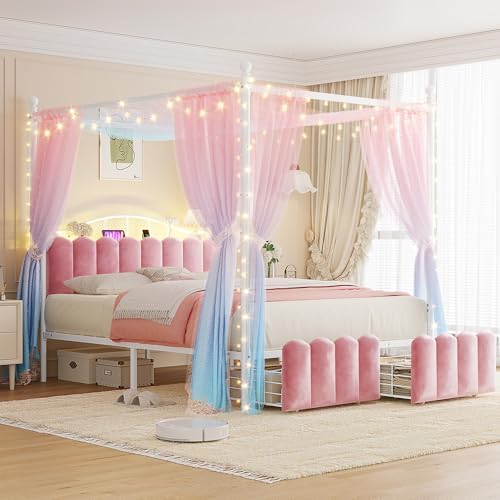 Homkdom Queen Size Canopy Bed Frame with 2 Drawers and LED & Charging,Pink