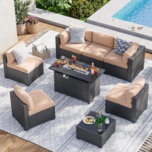 Aoxun 8 Piece Patio Furniture Set with 44” Fire Pit Table Wicker Patio Sectional Sofa Set Outdoor Seating Furniture with Thickened Cushion, Beige