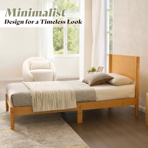 AMERLIFE Solid Wood Twin Bed Frame, Mid Century Bed with Headboard, Natural