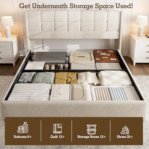 King Bed Frame with Hydraulic Gas Lift Up Storage, Linen Upholstered