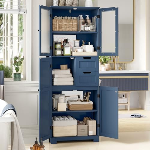 BOTLOG 67'' Tall Bathroom Storage Cabinet, Linen Cabinet with Glass Doors and Adjustable Shelves, Kitchen Pantry with 2 Drawers for Bathroom, Living Room, Dining Room, Blue | 2 Drawers, Linen Bathroom Cabinet with Glass Doors and Shelves for Living Roo...