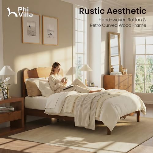 PHI VILLA Solid Wood Full Size Bed Frame with Adjustable Headboard