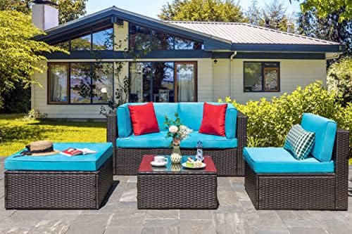 Vongrasig 5 Piece Patio Furniture Sets, Outdoor Couch Sectional Patio, Blue