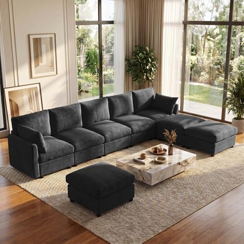 Iroomy Modular Sectional Couch for Living Room, Spring Cushion Seating, Modern Convertible Cloud Sofa with Ottoman, Black