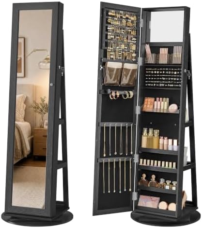 SONGMICS HOME Standing Jewelry Cabinet, Full Length Mirror with Storage | Swivel Jewelry Armoire, Lockable Rotating Organizer, Rear Storage Shelves, Bedroom Organization, Black UJJC006B01SH