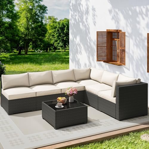 7 Piece Outdoor Patio Sectional Furniture Set, Modular Wicker Outdoor Couch