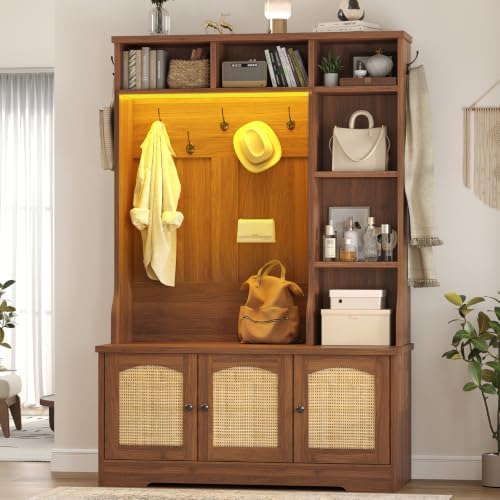 Hall Tree with Bench and Shoe Storage, Rattn Entryway Bench with Coat Rack