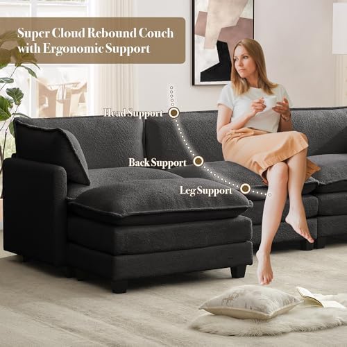 ROWHY 112'' Modular Sectional Cloud Couch with Movable Ottoman, 4 Seat Modern Chenille Sofa, Deep Seat L Shaped Couch for Living Room Bedroom Apartment, Grey