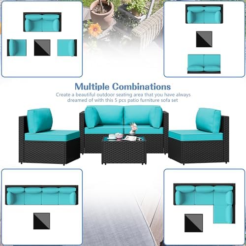 Shintenchi 5 Piece Outdoor Patio Furniture Set with Black PE Rattan, Blue