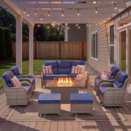 Luxury Patio Furniture Set with Fire Pit Table-8 Pieces All Weather Outdoor Swivel Rocker Chairs with Sofa and Ottomans. Outdoors Patio Conversation Sets for Porch Deck Garden(Brown/Blue)
