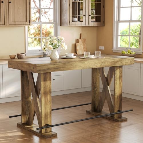 LITTLE TREE 63" Bar Table, Pub Table with Metal Footrest (Rustic Brown,1)