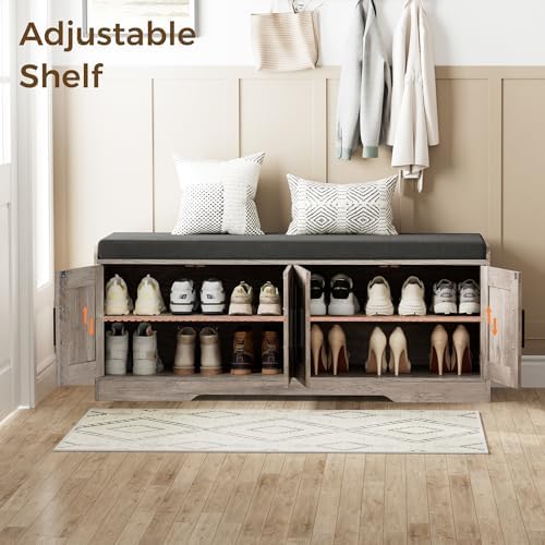 Homleke Shoe Storage Bench, 4 Doors & Thickened Padded Seat Cushion