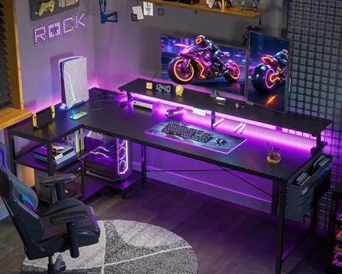 ODK 66 Inch L Shaped Gaming Desk with LED Lights, Power Outlets, Black