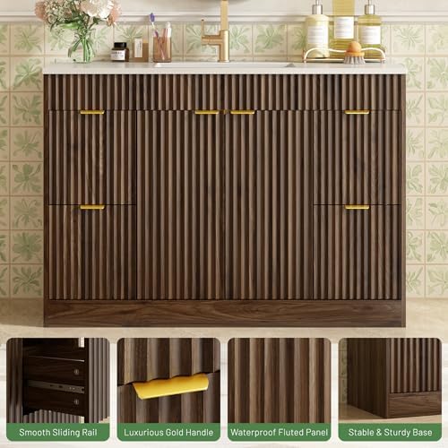 CARPETNAL 48 Inch Bathroom Vanity with Sink, Walnut. | Modern Fluted Bathroom Vanity with Sink with Storage Cabinet, Adjustable Shelf and 2 Soft Closing Doors & 4 Drawers.