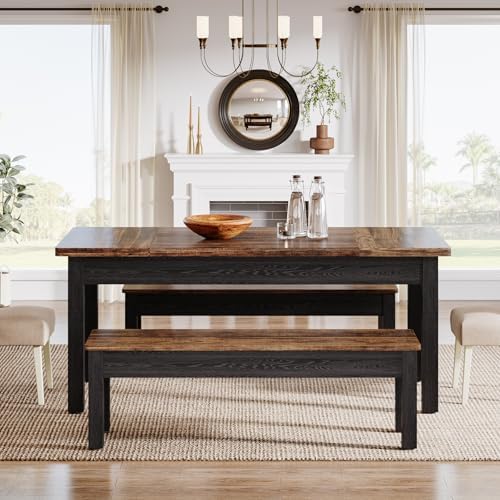 Tribesigns Farmhouse Kitchen Table Set for 4-6, 55-Inch Wooden Dining Table with 2 Benches, Space Saving 3 Pieces Heavy Duty Dinette for Dining Room, Kitchen, Small Space (Black-Brown)