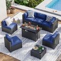 Aoxun 8 Piece Patio Furniture Set with 44” Fire Pit Table, Wicker Patio Sectional Sofa, Outdoor Furniture Set with Thickened Cushion, Blue