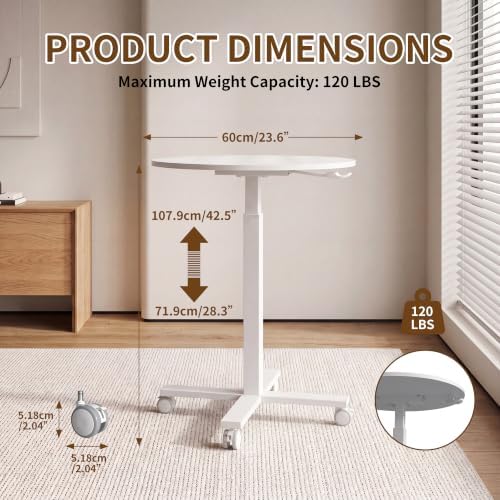 Adjustable Bar Table, 23.6" Round with Gas Spring Height Adjustment (28.3"-42.5"), Rolling Cocktail Table with Lockable Casters, Modern Bistro Table for Kitchen, Home Bar & Small Spaces