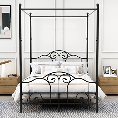Full Size Four-Poster Metal Canopy Bed Frame,Black