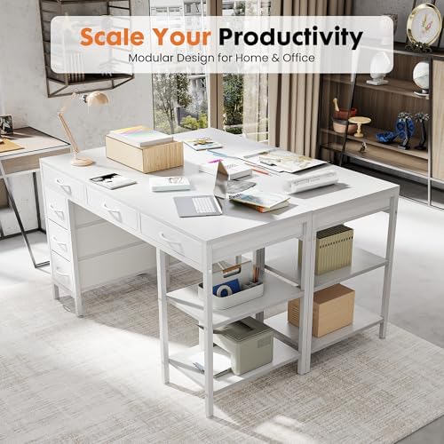 Sweetcrispy 55" Computer Desk with 6 Fabric Drawers & Storage Shelves