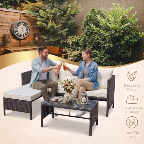 5 Piece Outdoor Sectional Patio Furniture Sets, All Weather Outdoor Wicker Rattan Patio Conversation Set, Patio Seating Sofas with Cushions, Lumbar Pillows and Tempered Glass Table
