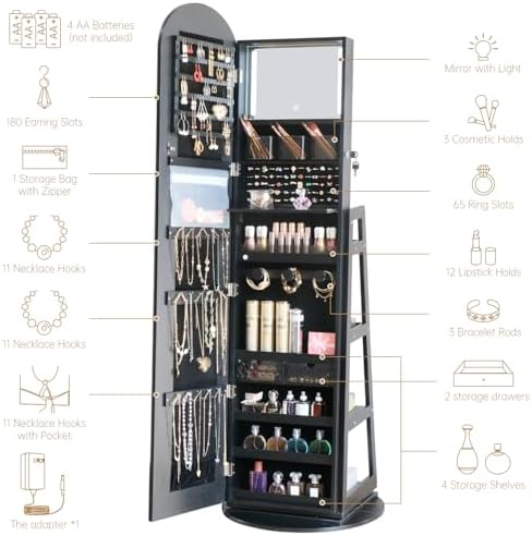 Arched Rotating Jewelry Cabinet with LED Lighted Full Length Mirror & Built-in LED Vanity Mirror, Lockable Standing Jewelry Armoire, Large Storage Organizer for Jewelry (Black)