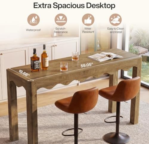 Tribesigns 59" Bar Table, Farmhouse Counter Height Pub Table, Rectangle High Top Dining Table with Wavy Apron, Home Bar Units for Bistro, Kitchen, Balcony,Dining Room, Living Room (Rustic Brown)