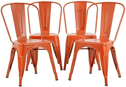FDW | Set of 4 Metal Dining Chairs | Orange | Stackable Tolix Side Chairs with Backrest | Scratch-Resistant | Non-Slip Feet | Indoor/Outdoor Use | 330 lbs Capacity | Ideal for Kitchen & Restaurant