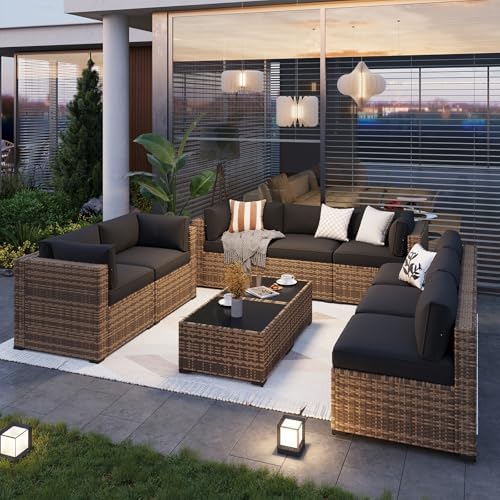 Aoxun Patio Furniture Sets, 10-Piece Outdoor Patio Furniture with Thick Cushions, Wicker Outdoor Conversation Set Sectional Sofa for Backyard, Poolside, Garden