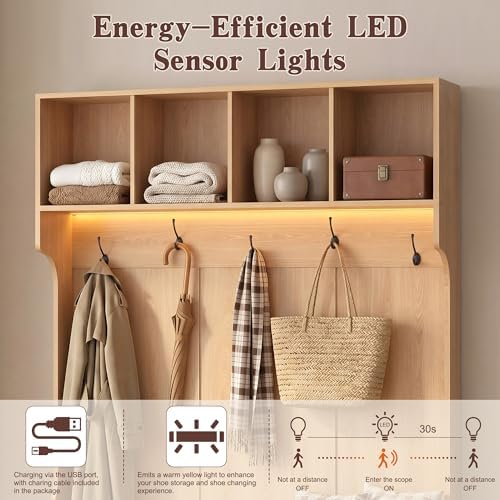 5-in-1 Hall Tree with Bench and Shoe Storage with LED Sensor Light, OAK丨Entryway Coat Rack with Hooks and Storage Cubes, Shoe Cabinet with Fluted Door, Modern Hall Tree for Entryway, Living Room