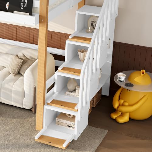 KEIKI Twin Size Wooden Loft Bed Frame with Staircase, Clothes Hook, White