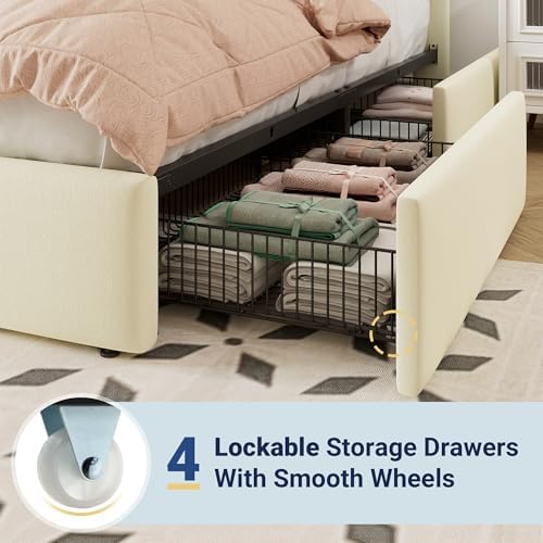 Allewie Full Size Storage Bed Frame, Vertical Channel Tufted Adjustable Headboard, Velvet Upholstered Platform Bed with 4 Oversized Underbed Drawers, Wooden Slats Support, No Box Spring Needed, Cream