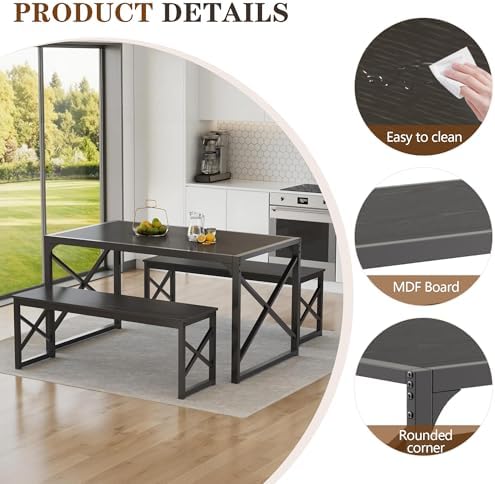 VECELO 55” Kitchen Dining Table Set for 4, Heavy-Duty Steel Frame & Wood-Grain Tabletop, Space-Saving Dinette Sets with 2 Benches for Breakfast Nook and Small Space, Black