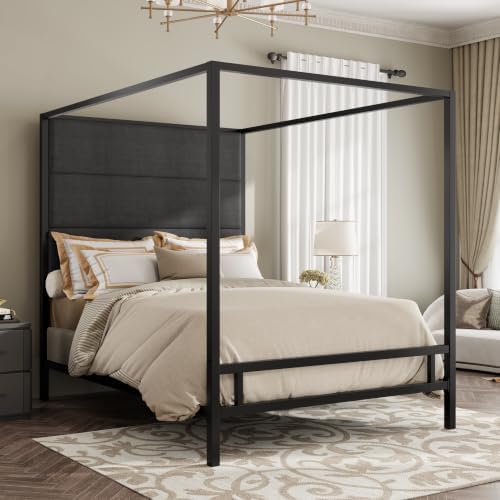 LUMISOL Canopy Bed Frame King Size Tall Upholstered Headboard, Black Grey