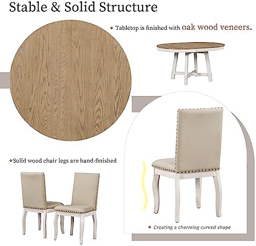 LUMISOL Round Dining Table Set for 4, Farmhouse Kitchen Table Set with Round Extendable Dining Table and 4 Upholstered Dining Chairs, Oak Natural Wood+Antique White