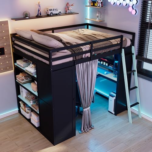 Merax Full Size Loft Bed with Desk and 6 Storage Shelves, Wardrobe, Blackout Curtain, Solid Wood Gaming Loft Bed Frame with USB Port & RGB Lights, No Box Spring Needed, Space-Saving, Black+Blue