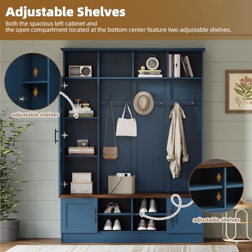 Merax Farmhouse Wood Hall Tree with 6 Hooks and Shoe Storage Bench, Blue
