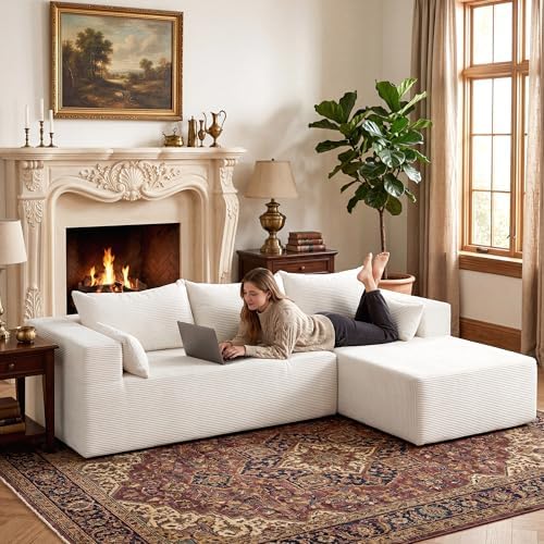 106" Cloud Sectional Boneless Couches for Living Room, Modular L Shaped Couch with Deep Seat Oversized Right Facing Chaise, Memory Foam Compressed Spineless 3 Seater Sofa for Apartment, Beige