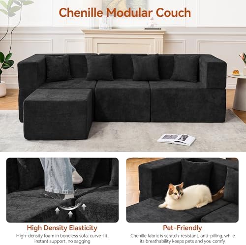 MONVANE 103'' Modular Sectional Sofa, Comfy Chenille Cloud Couch with Ottoman, Modern Convertible L Shaped Couch with Deep Seat, Sectional Couches for Living Room, Bedroom and Apartment, Black