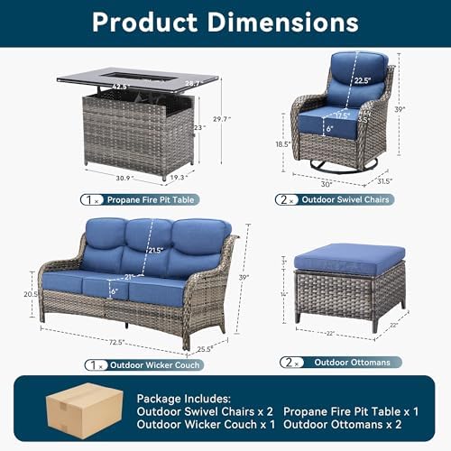 Luxury Patio Furniture Set with Fire Pit Table-6 Pieces All Weather Outdoor Swivel Rocker Chairs with Sofa and Ottomans. Outdoors Patio Conversation Sets for Porch Deck Garden Backyard(Grey/Blue)
