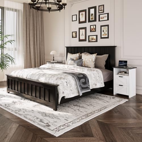 Farmhouse Night Stand Set of 2 with Charging Station, Bedside Table w/2 Drawers & Storage, Rustic End Tables for Bedroom, Living Room, Small Spaces, Home Office, White