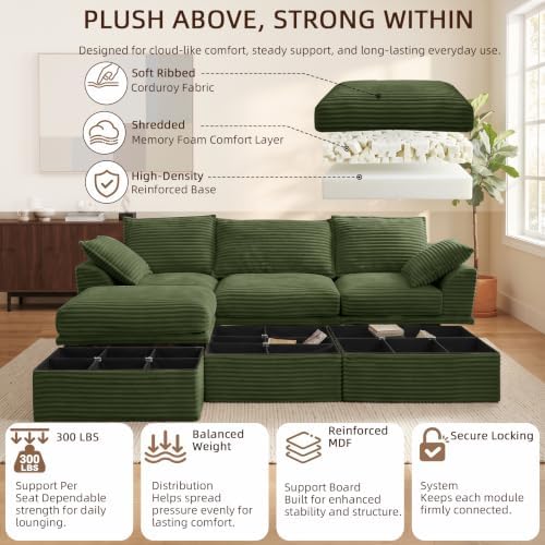 Upgraded Boneless Couch with Storage, Sectional Couches for Living Room, L-Shaped Modular Cloud Corduroy Sofa with Ottoman & Pillows, Oversized Deep Seat Memory Foam Couch, No Assembly,107" L(Green)